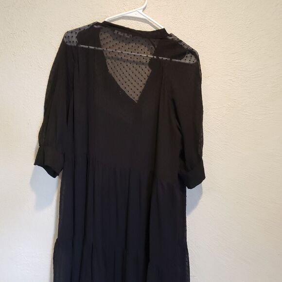 Zara Swiss Dot Long Sleeve Tiered Smocked Maxi Dress Black X Large - Picture 8 of 8
